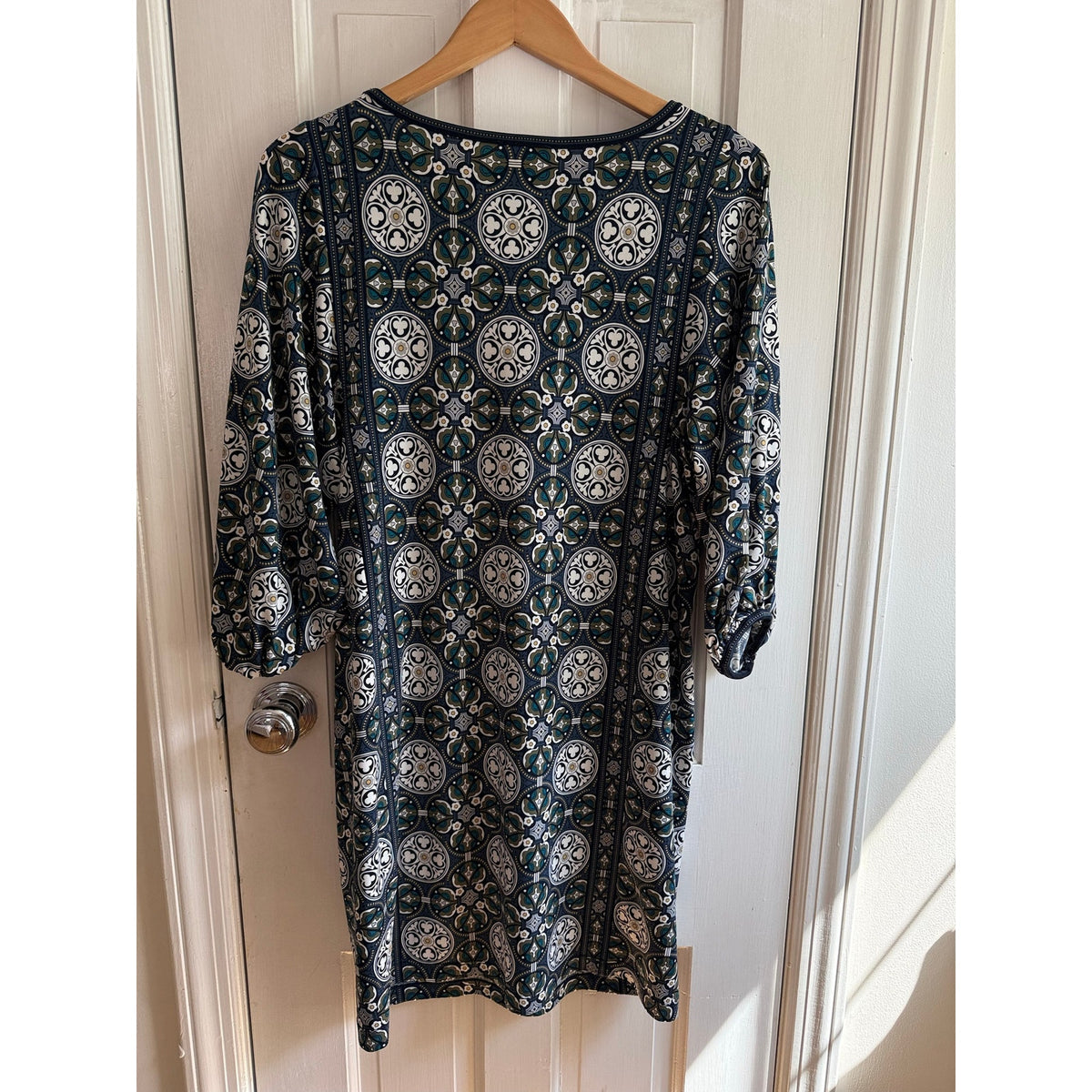 Max Studio Dress Size Large Blue Geometric Pattern 3/4 Sleeve Shift