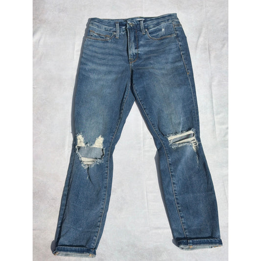 Good American Good Curve Size 4/27 Med Wash Mid Rise Slim Ripped Jeans