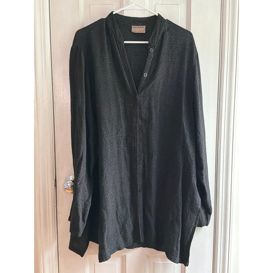 Eileen Fisher Green Linen Short Sleeve Button Front Boxy Top Size PS