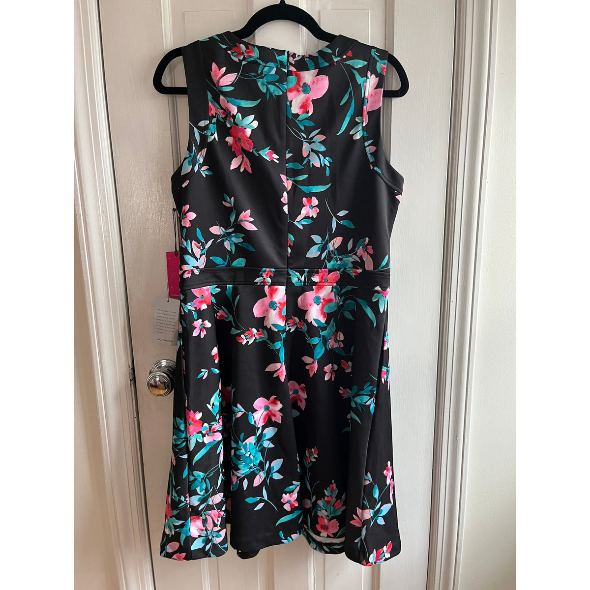 Vince Camuto Floral Scuba Fit & Flare Midi Dress | Black & Pink Wrinkle-Resistant | Plus Size 14