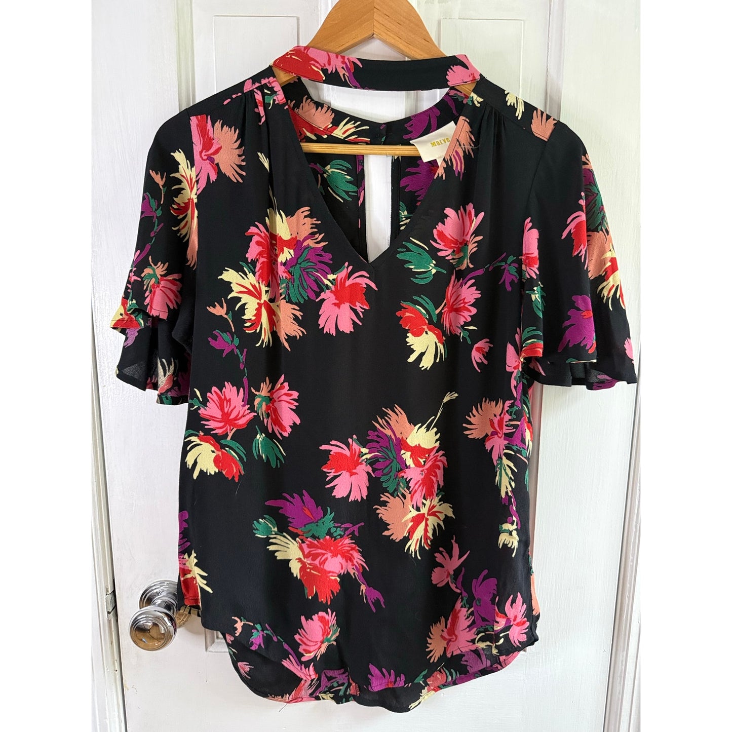 Anthropologie Maeve Black Floral Short Sleeve Top V-Neck Keyhole Women's Size M