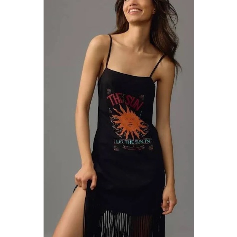 FARM RIO Sun & Stripes Maxi Dress Shredded Fringe Hem Celestial Boho | Sz M
