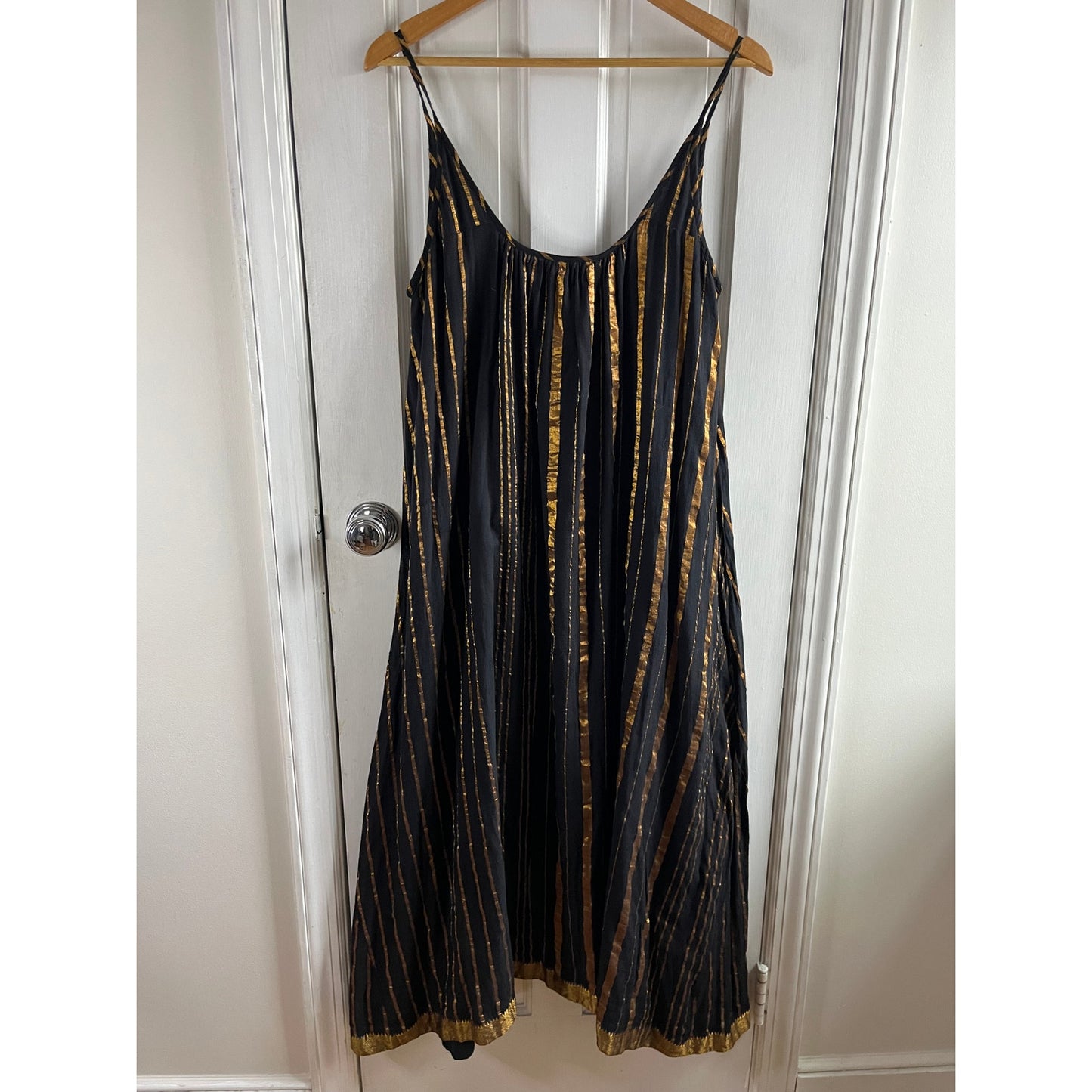 Aish Sultan Black & Gold Striped Slip Dress Maxi One Size OS Boho Luxury Lagenlook