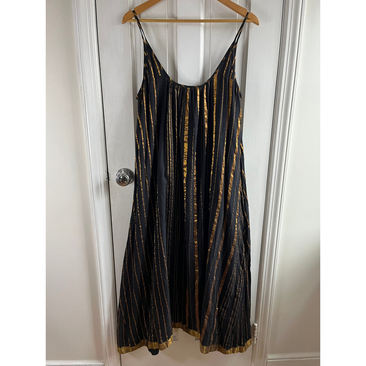 Aish Sultan Black & Gold Striped Slip Dress Maxi One Size OS Boho Luxury Lagenlook
