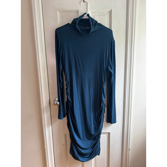 Halogen Size L Teal Blue Scrunched Long Sleeve Mock Neck Dress