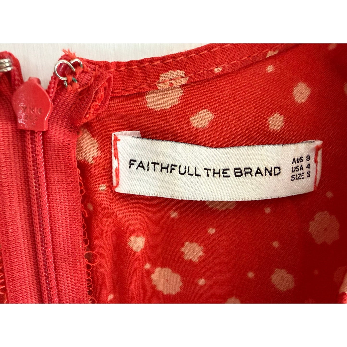 Faithfull The Brand Red Polka Dot Midi Dress Short Sleeve Belted Size 4 US EUC