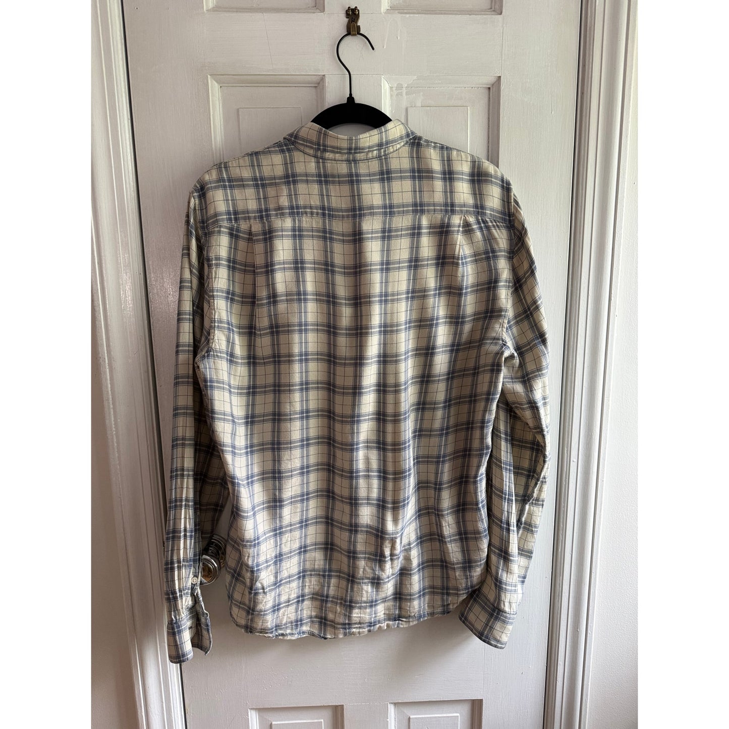 Vince Men’s Long Sleeve Button Down Shirt Size Small Blue Beige Plaid Gauze EUC