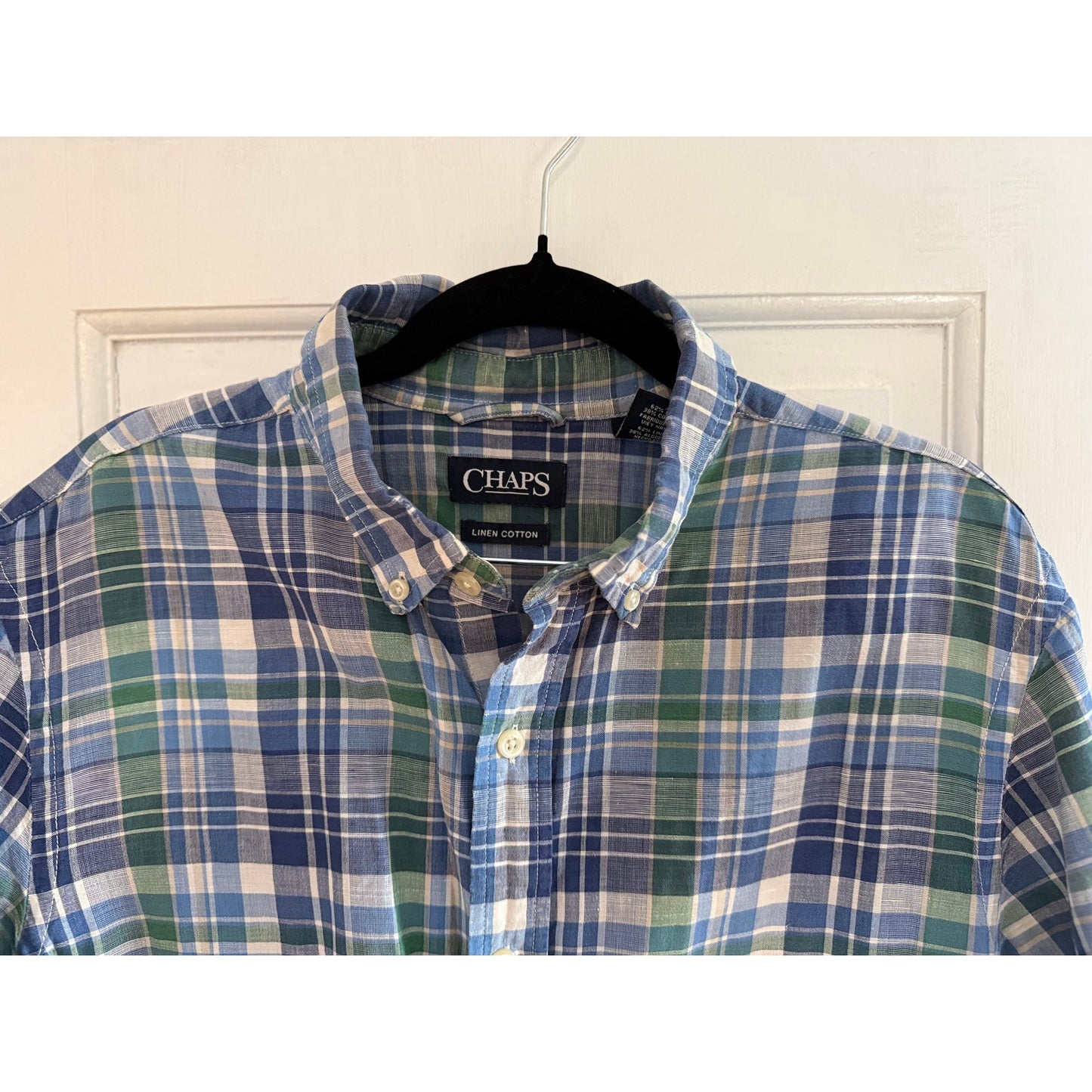 Chaps Short Sleeve Linen Cotton Button Down Blue/White Lg