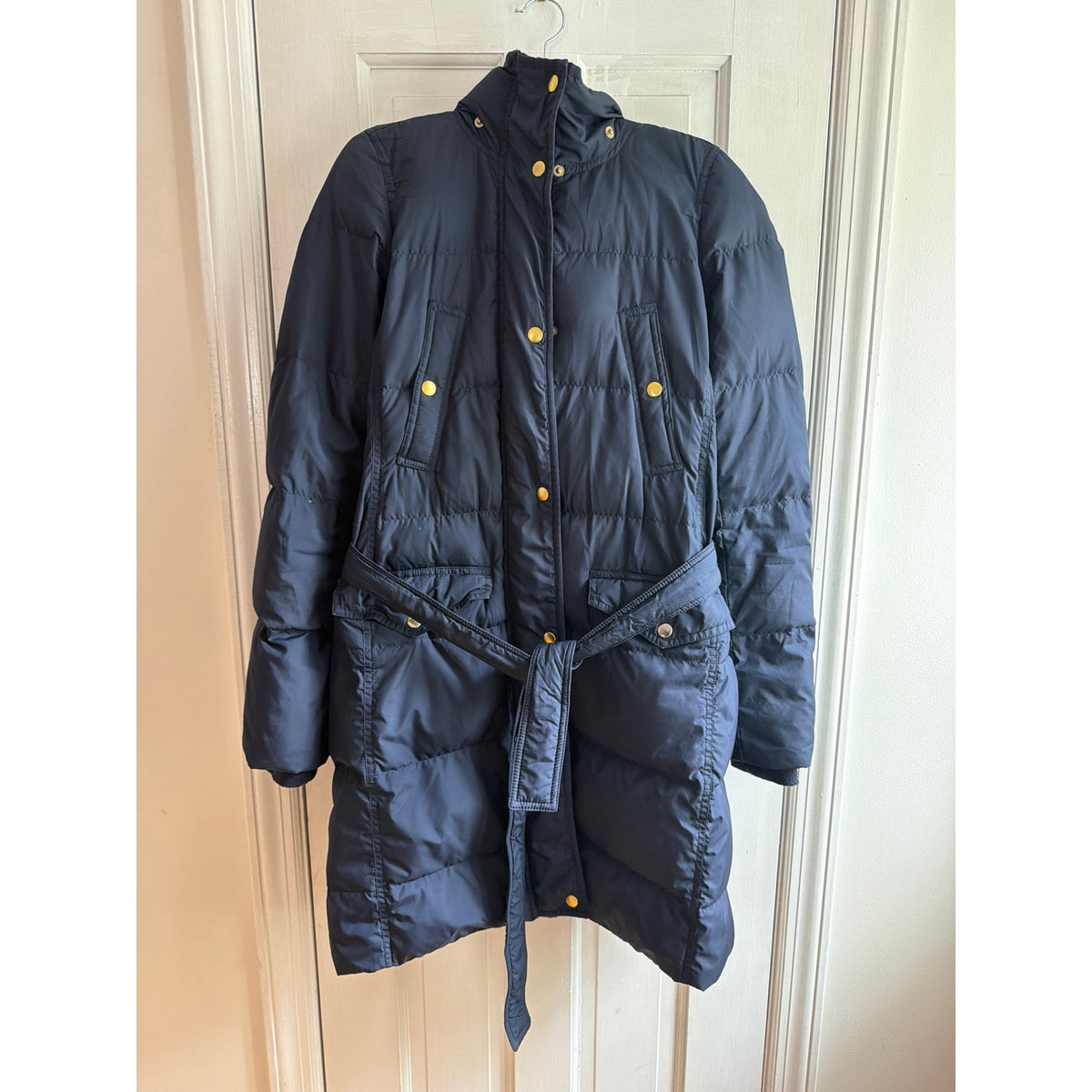 J.Crew Belted Long Down Puffer Coat - Navy Blue, Extra Small (XS) 