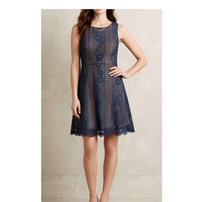 Anthropologie Georgia Lace Mini Dress Navy Blue Nude Size 4 EUC Skater Fit & Flare