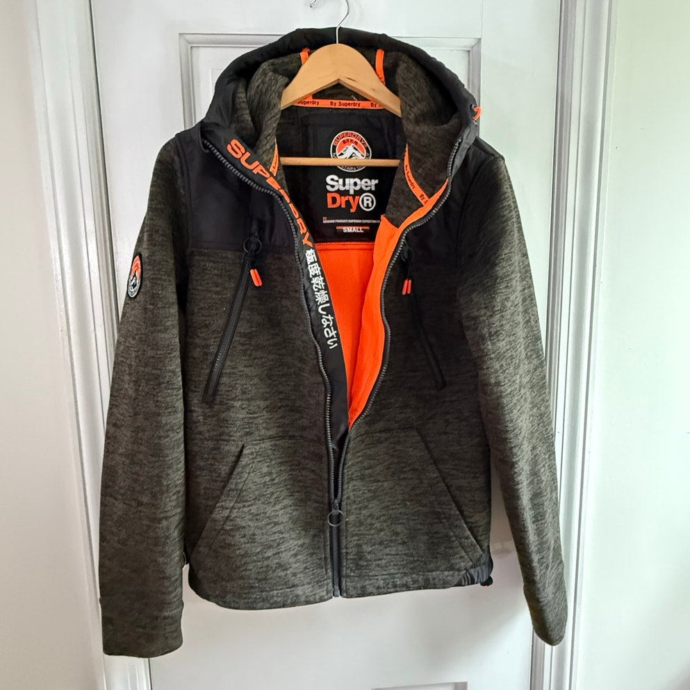 Superdry Windtrekker Fleece Lined Hooded Jacket Mens Small Grey Neon Orange Soft