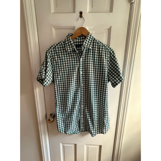 Theory Mens Green White Plaid Shirt Short Sleeve medium