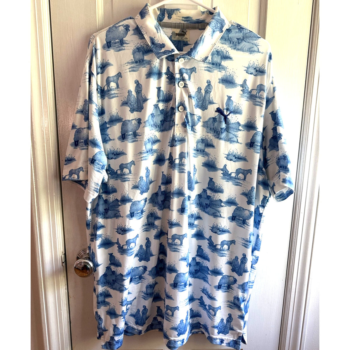 RARE Puma Golf Toile Scenic Landscape Pagoda Blue White Polo Shirt Men's Large