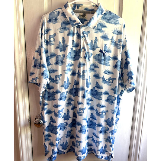 RARE Puma Golf Toile Scenic Landscape Pagoda Blue White Polo Shirt Men's Large