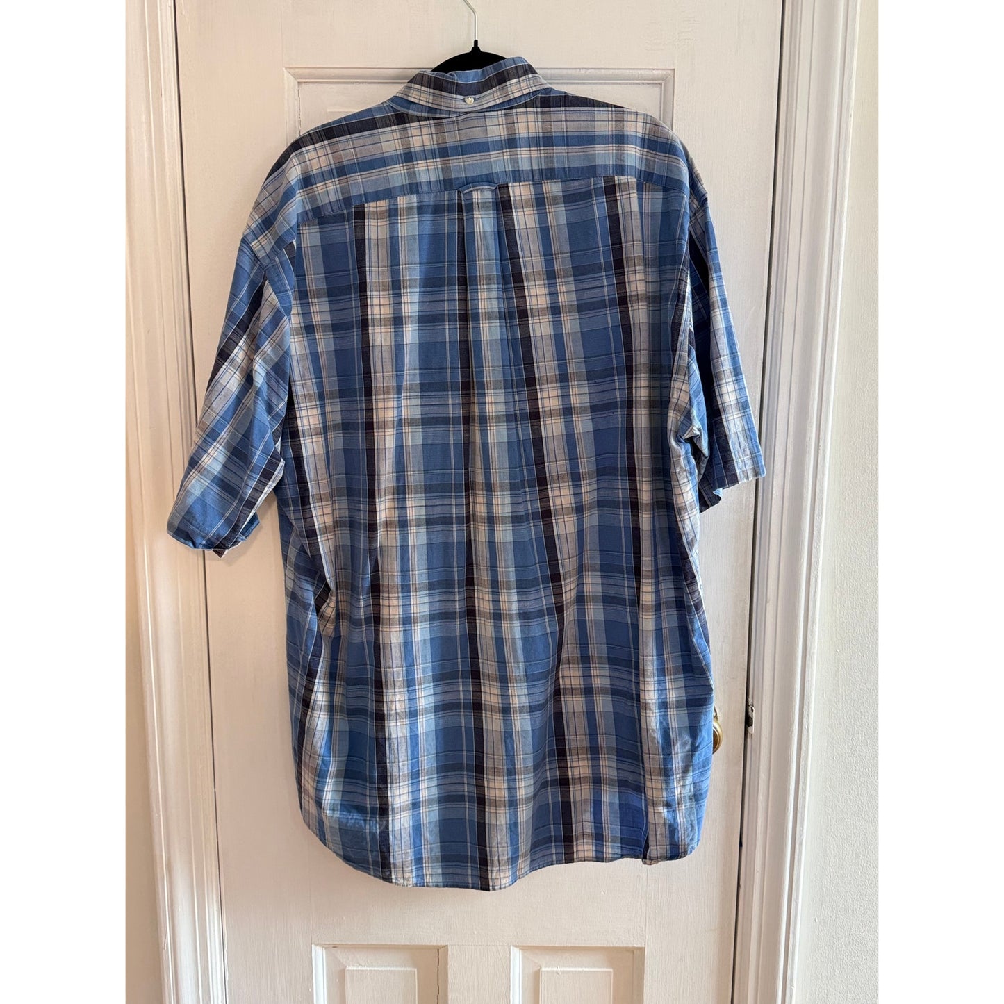 Faconnable Men's Short Sleeve Button Down Plaid Blue/White Lg