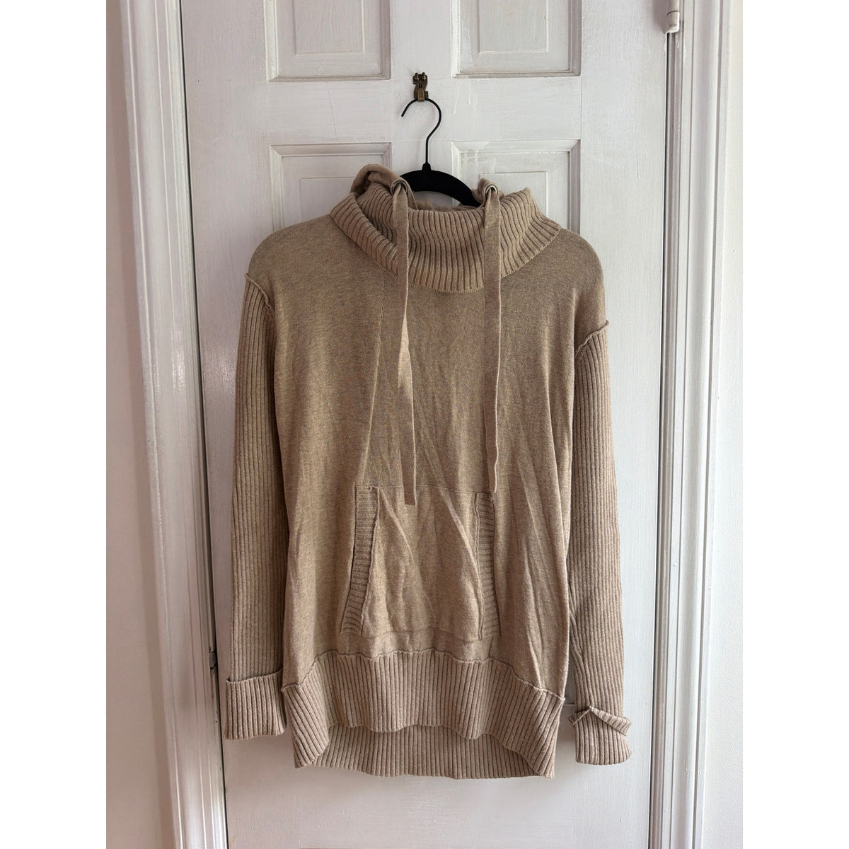 L.A.M.B. Cotton Cashmere Cowl Neck Drawstring Hoodie Sweater Oatmeal Tan P/S