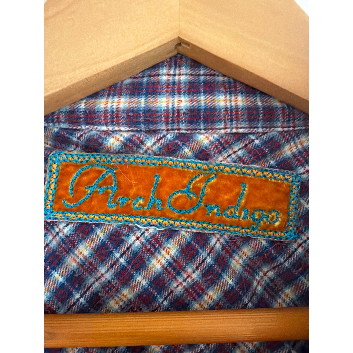Vintage Arch Indigo Raw Edge Plaid Pearl Snap Western Shirt Made in USA Medium