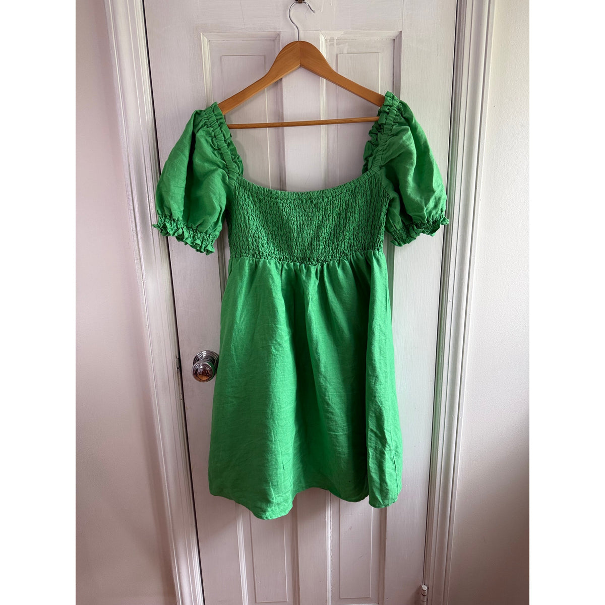 House of Harlow 1960 Kelly Green Linen Mini Dress - Puff Sleeve - Small - EUC