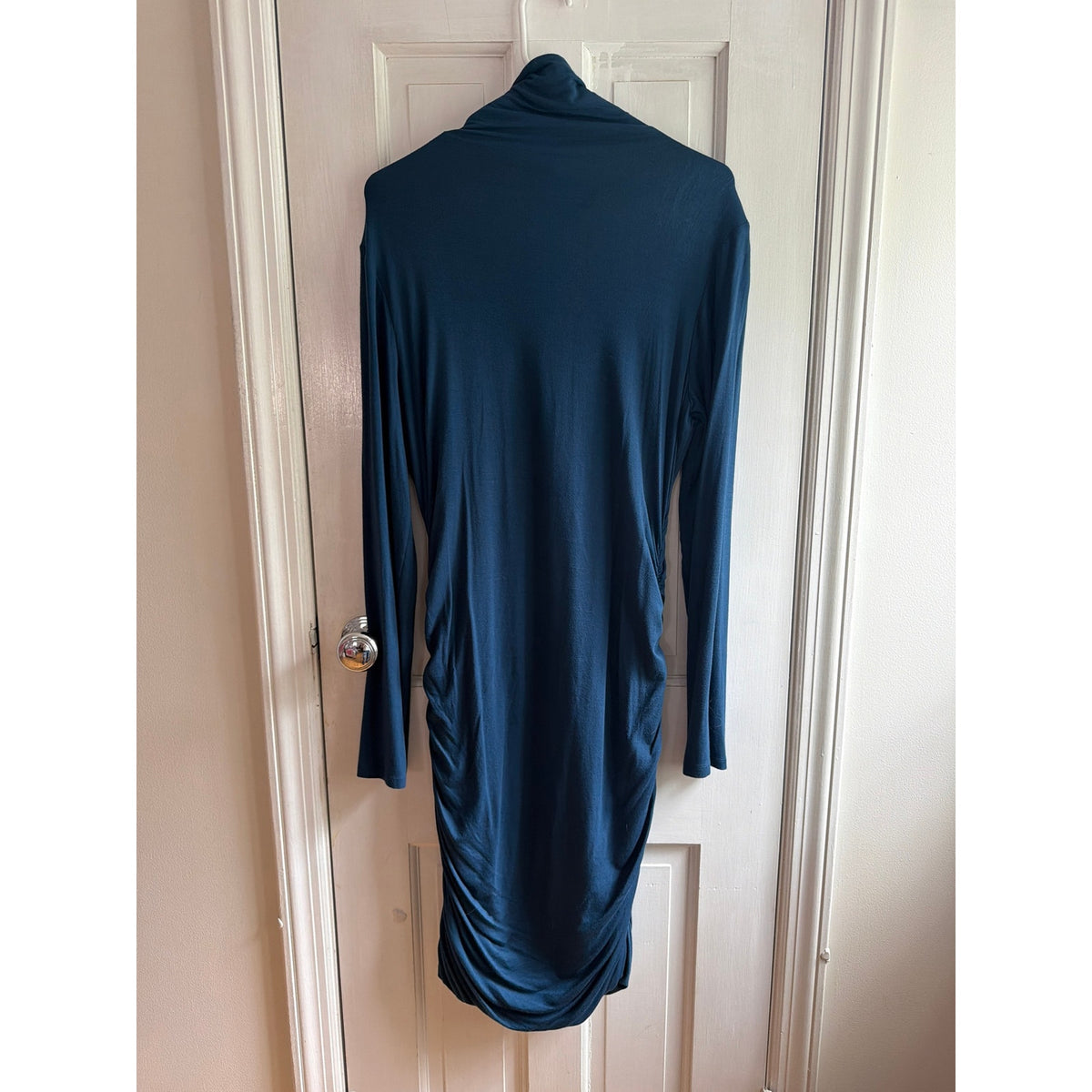Halogen Size L Teal Blue Scrunched Long Sleeve Mock Neck Dress