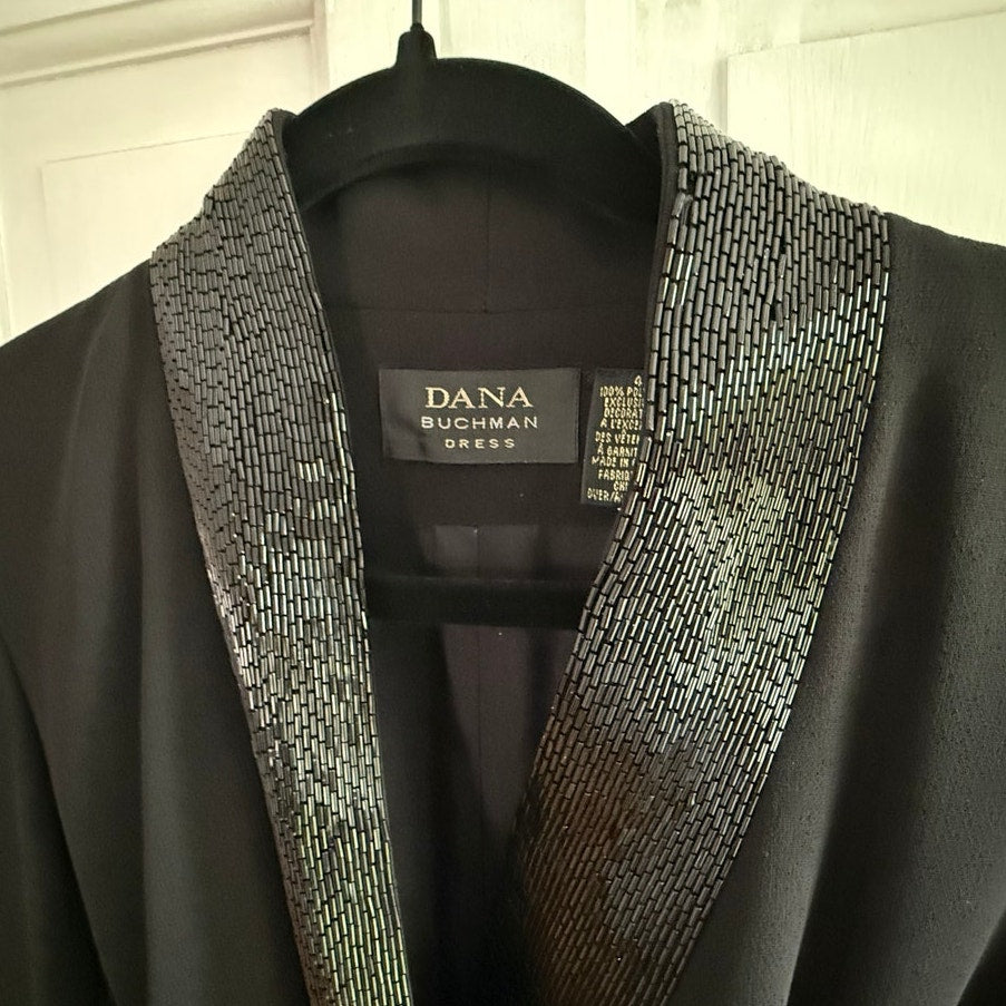 Dana Buchman Black Wrap Dress Size 4 NWT Sequin Collar & Cuffs Evening Cocktail