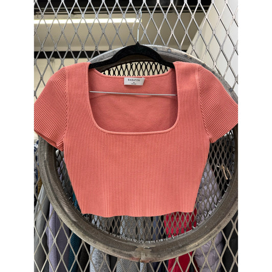 Babaton Aritzia Sculpt Knit Squareneck Short Sleeve Crop Top Pink Coral Size M