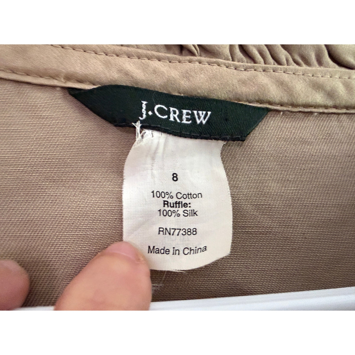 J.Crew Khaki Cotton Jacket Silk Ruffle Trim Size 8