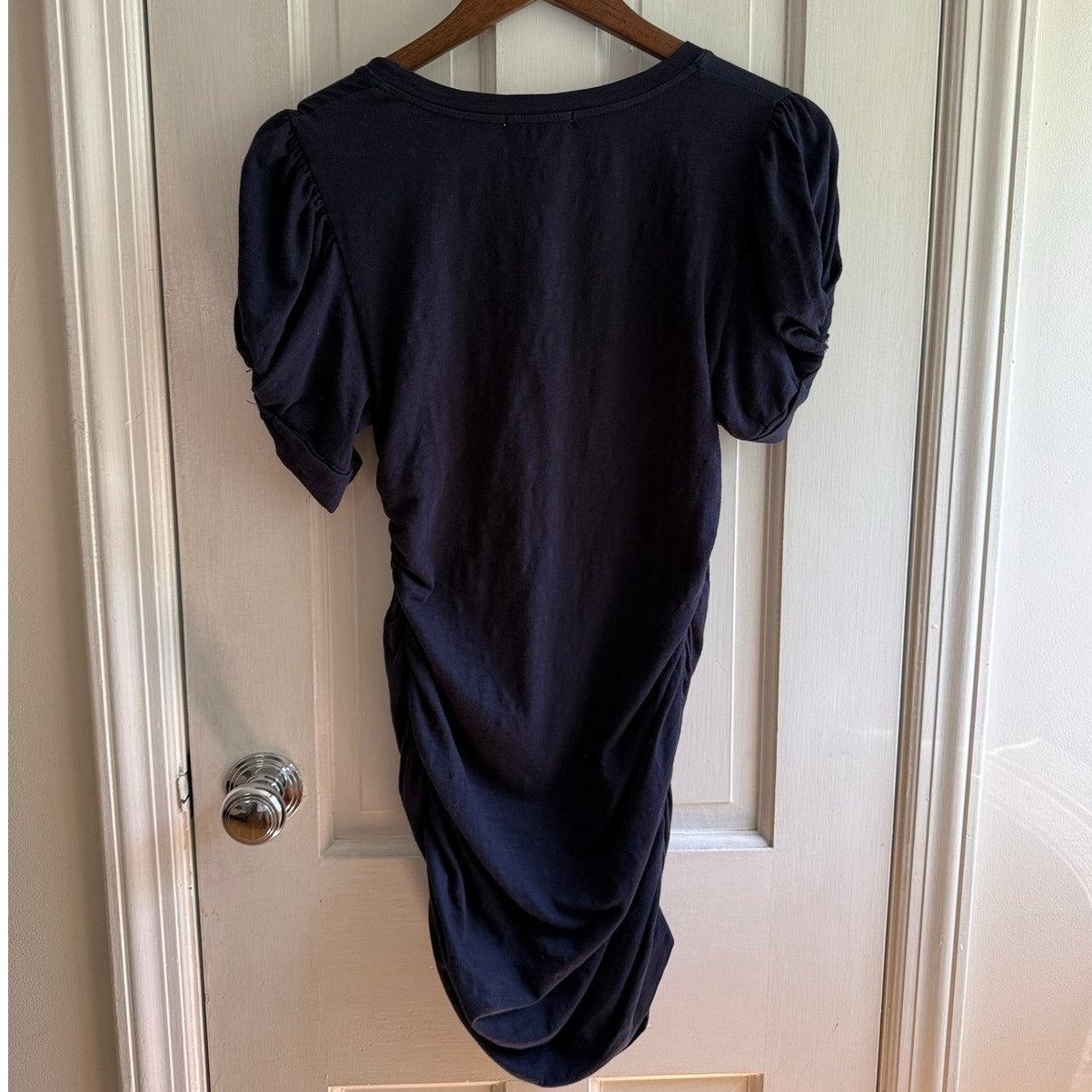 Sundry Ruched Dress 0 XS S Navy Blue V Neck Puff Short Sleeve Cotton Pencil EUC