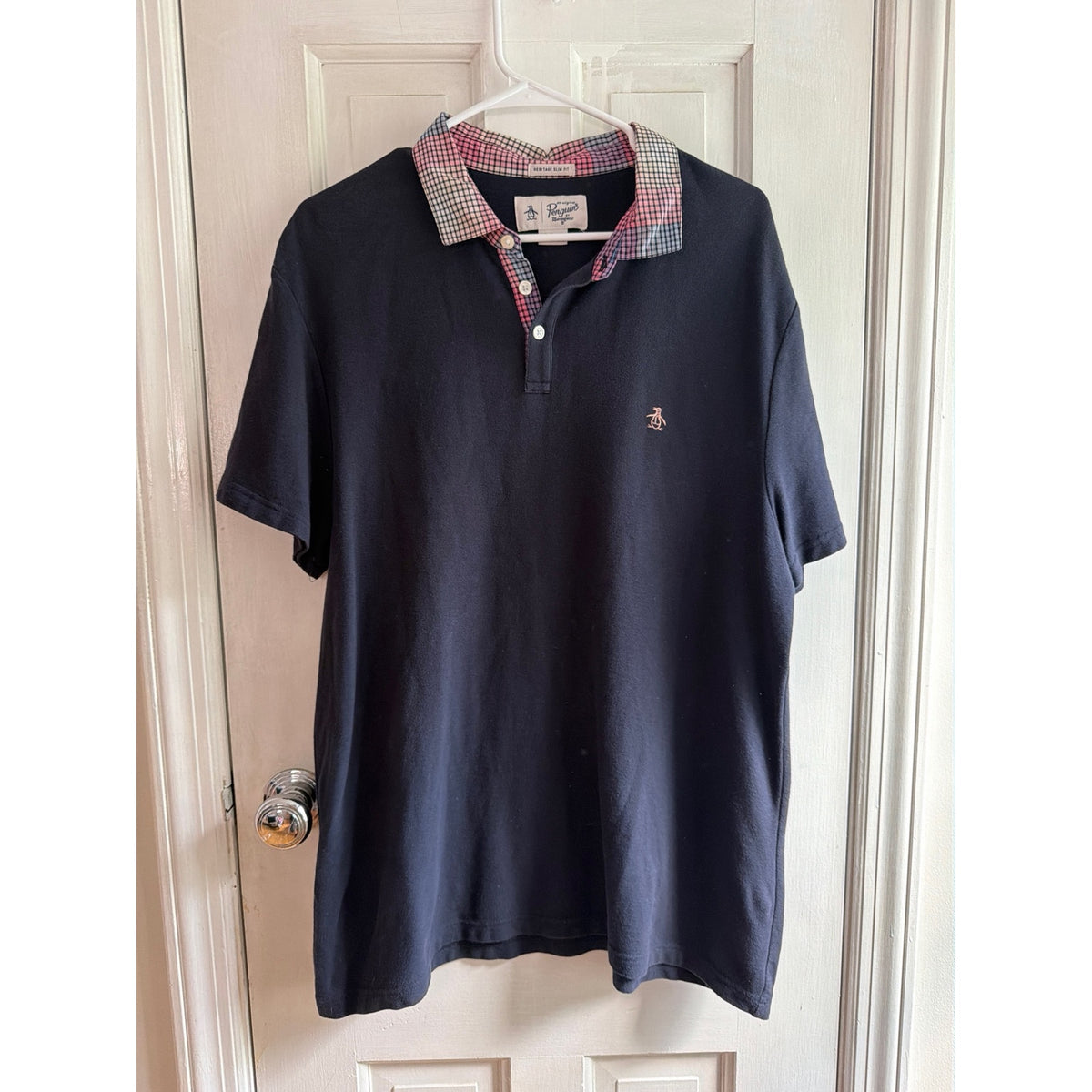 Original Penguin Plaid Collar Short Sleeve Polo Shirt Navy Blue Mens XL