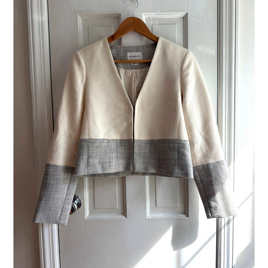 Club Monaco Womens Size 0 Cream & Grey Colorblock Collarless Tweed Jacket