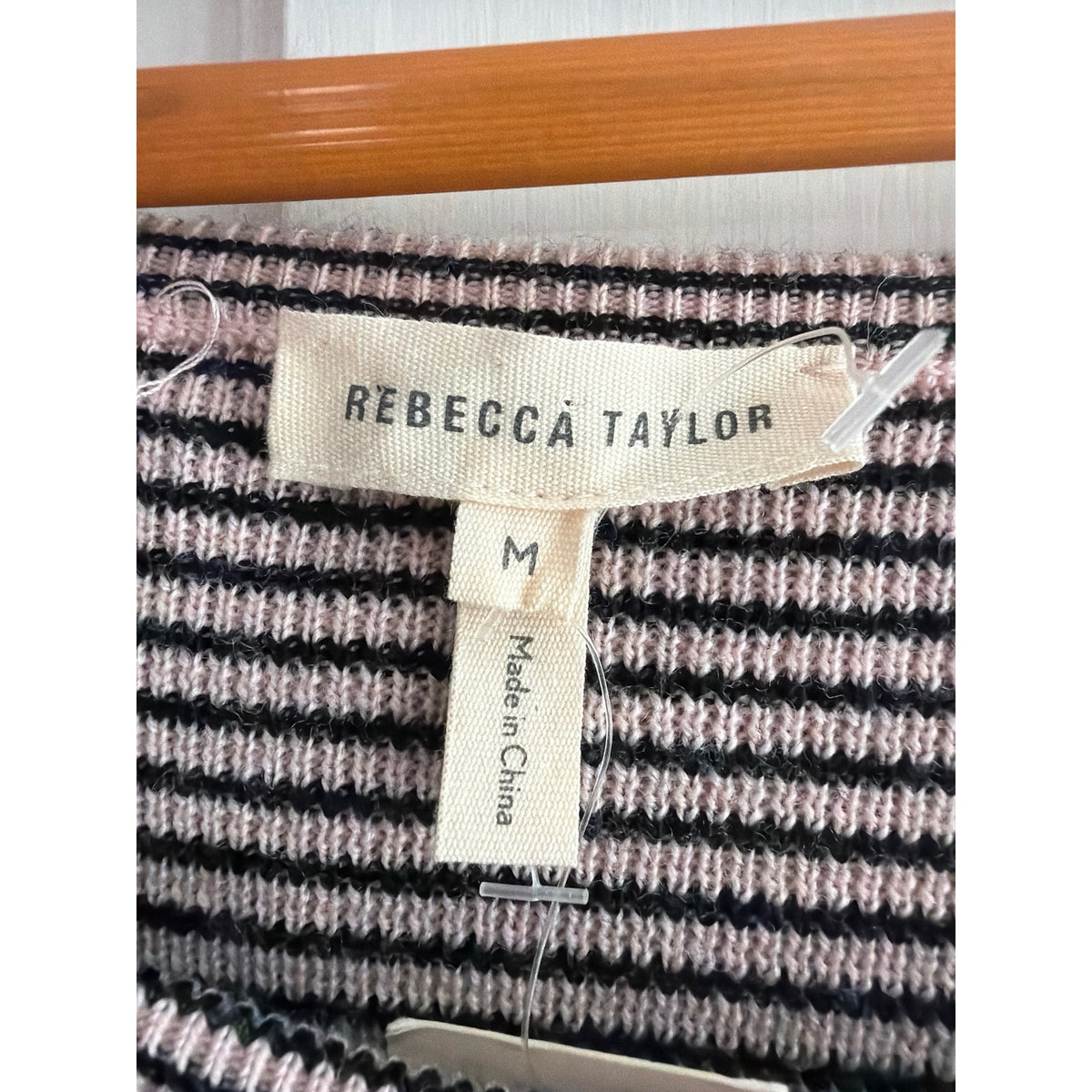 NWT Rebecca Taylor Pink Black Striped Ruffle Neck Merino Wool Sweater M