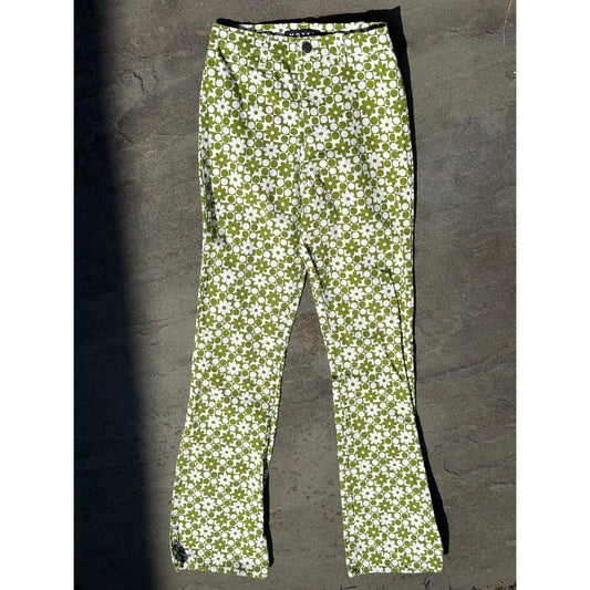Motel Rocks Retro Floral Print Flare Pants Green White High Rise Sz XXS