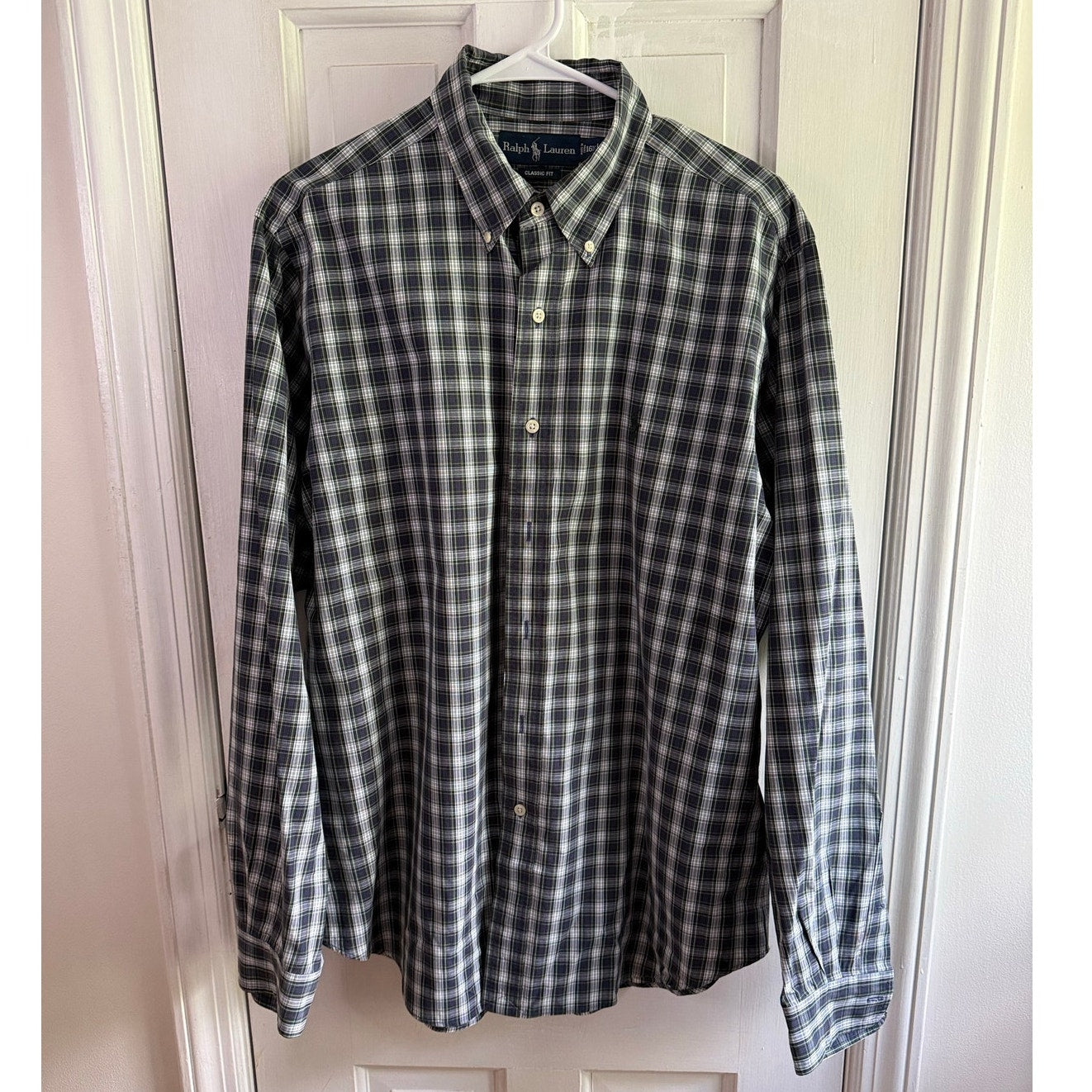 Vintage Polo Ralph Lauren Button Down Green White Plaid Shirt 16.5/XL