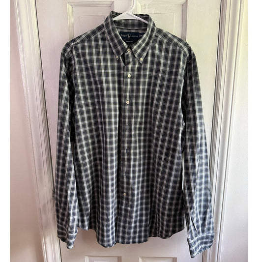 Vintage Polo Ralph Lauren Button Down Green White Plaid Shirt 16.5/XL