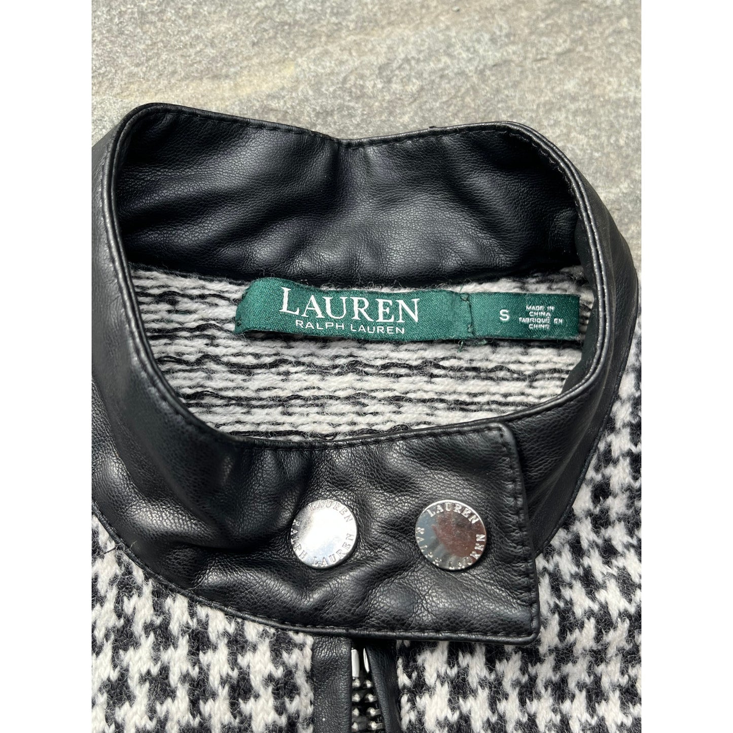Lauren Ralph Lauren Houndstooth Moto Jacket Small Black White Faux Leather Trim EUC
