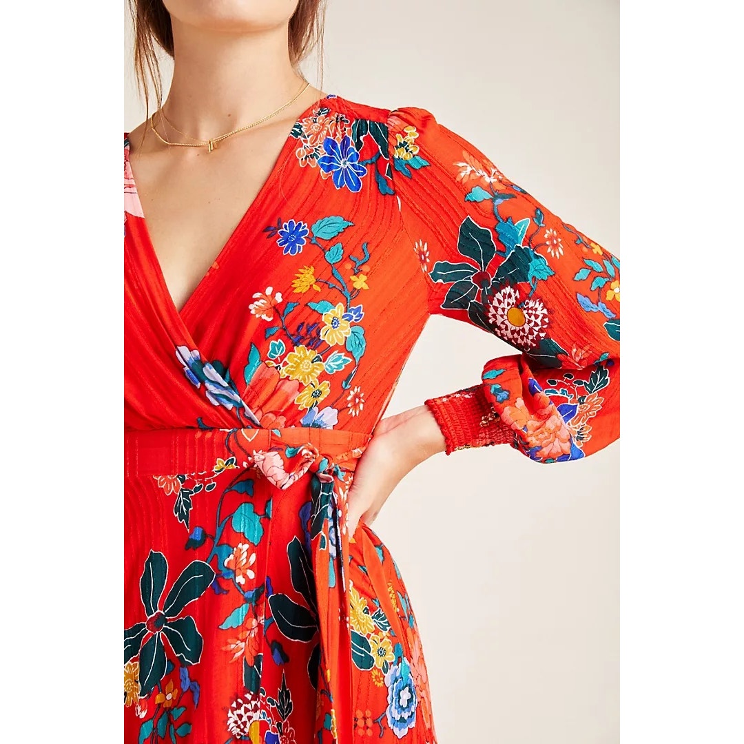 Anthropologie Boswell Textured Faux Wrap Floral Tunic Midi Dress Red 12P EUC
