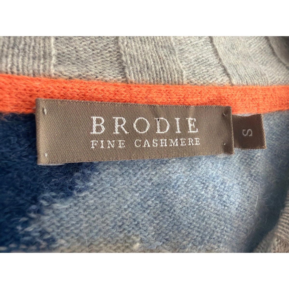 Brodie Fine Cashmere Camo Sweater Small 100% Cashmere Blue Grey Neon Trim Knit S