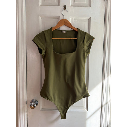 Intimately Free People Olive Green Square Neck Cap Sleeve Bodysuit