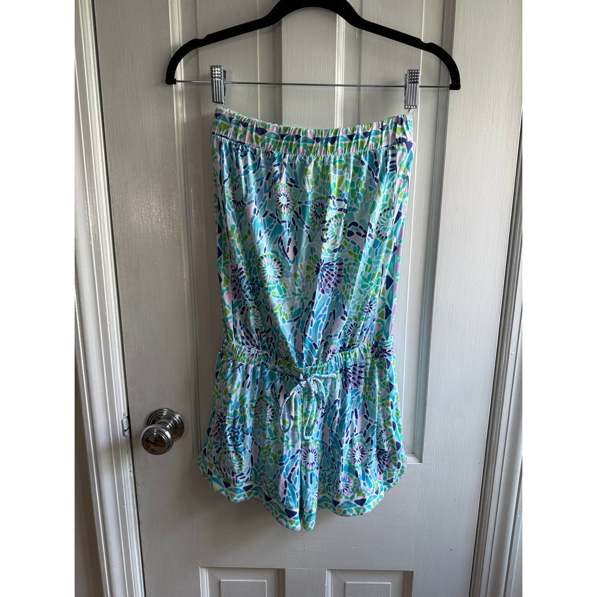 Lilly Pulitzer Rikki Strapless Romper Blue Green Mosaic Print XXS EUC