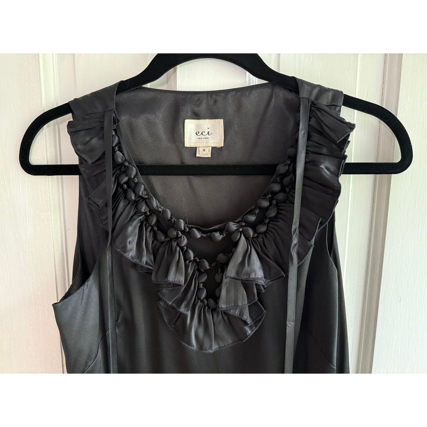 ECI New York 100% Silk Black Dress Ruffle Beaded Neckline Sleeveless EUC
