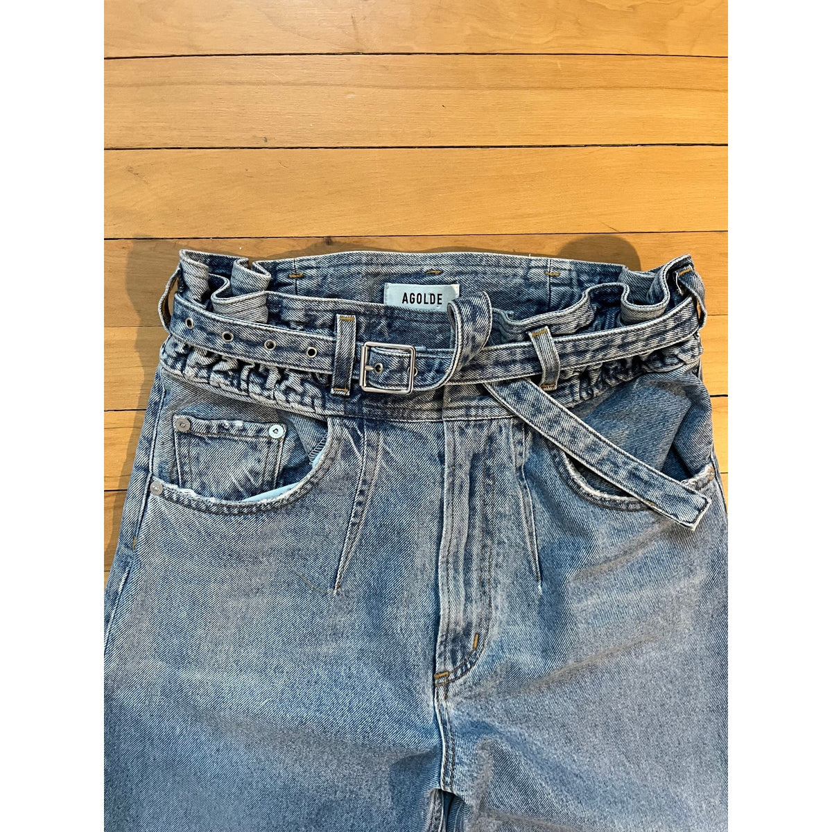 AGOLDE Riya Elasticated Peg Jeans High Rise Tapered Belted Denim 24 Retro