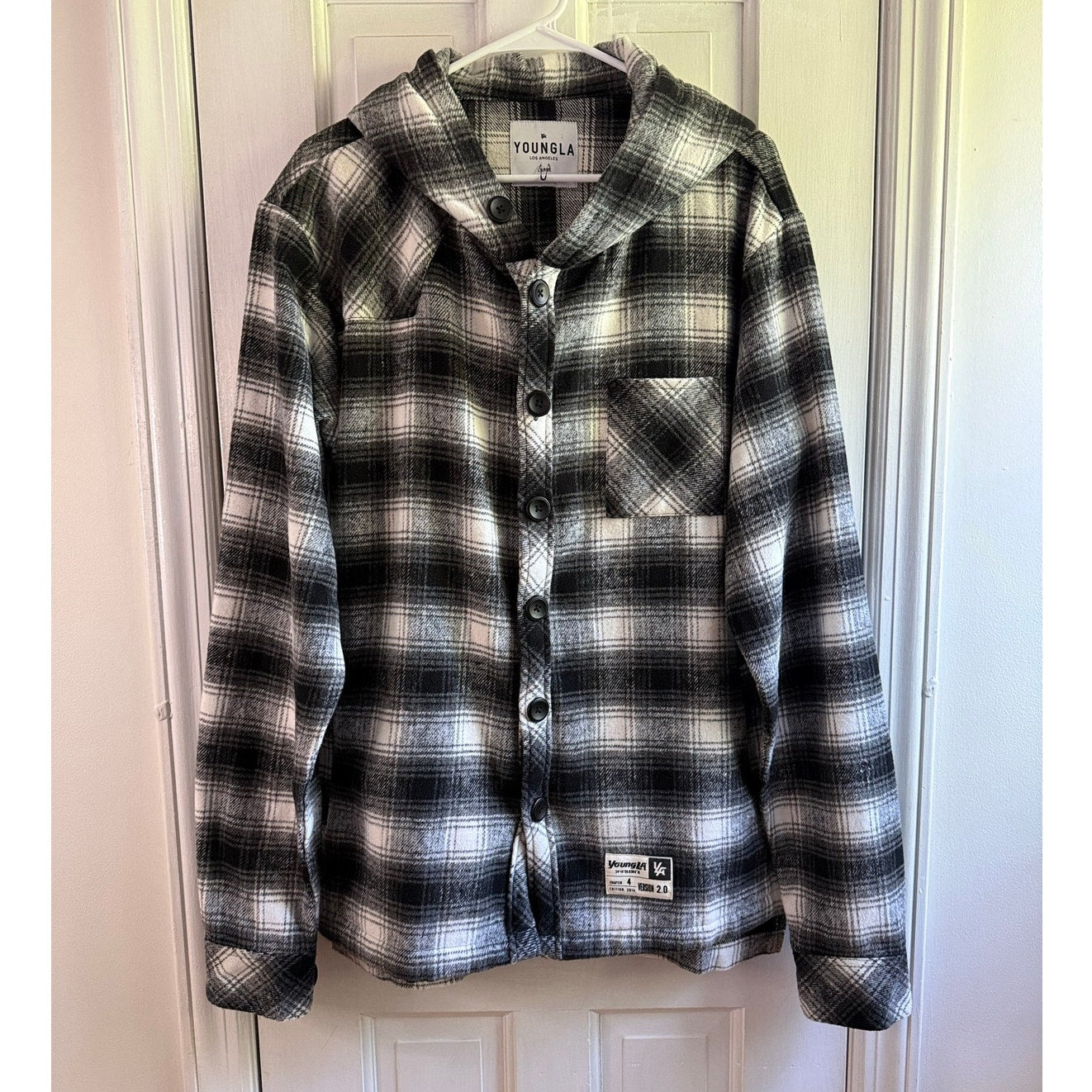 YoungLA Plaid Hoodie Flannel Shirt Black White Mens Large L NWOT Streetwear