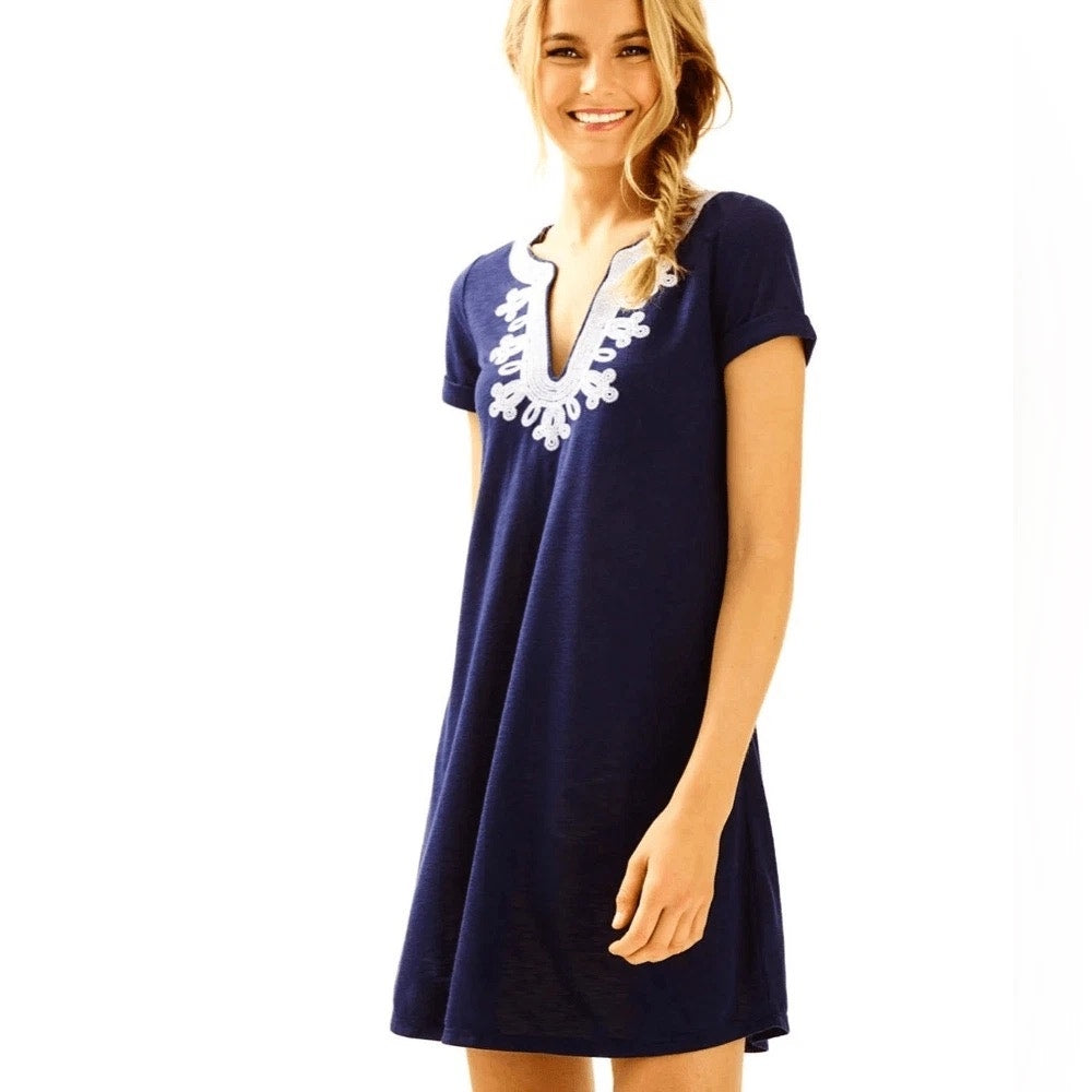 Lilly Pulitzer Maisie Swing T-Shirt Dress True Navy Embroidered Neck XS