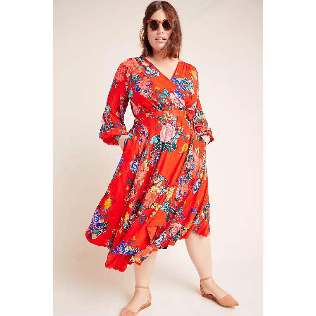 Anthropologie Boswell Textured Faux Wrap Floral Tunic Midi Dress Red 12P EUC