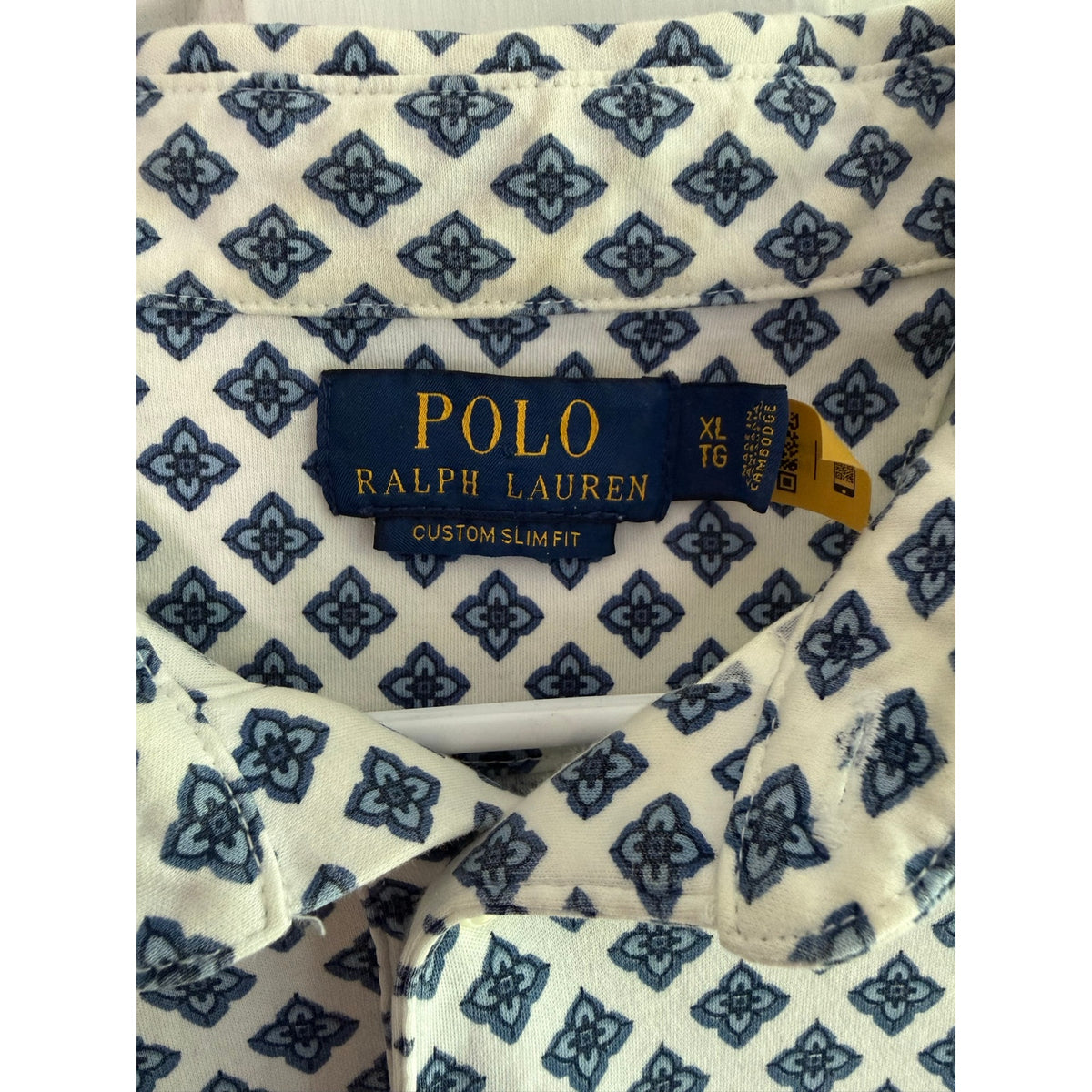 Rare Polo Ralph White with Blue Lucky Clover Pattern Polo Shirt Men's Navy Pony
