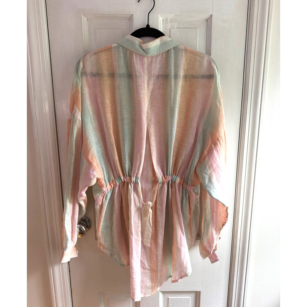Free People Pastel Striped Linen-Blend Button-Down Top, Medium 