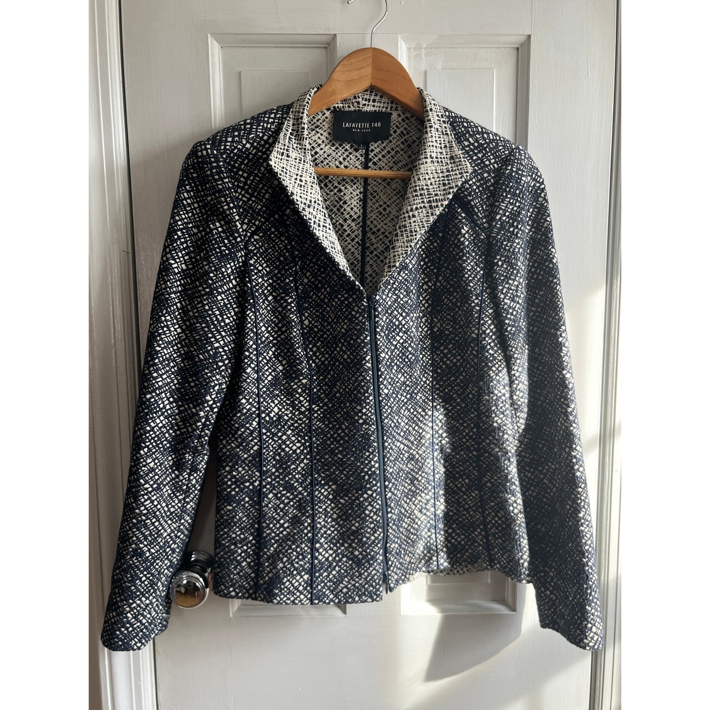 Lafayette 148 New York Textured Tweed Zip Blazer Jacket Black White Size 4