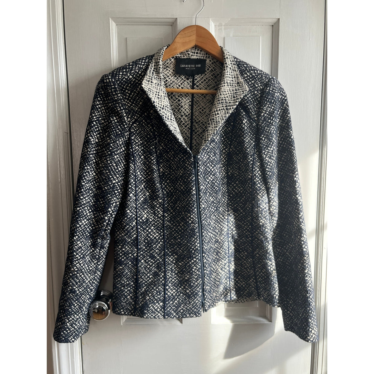 Lafayette 148 New York Textured Tweed Zip Blazer Jacket Black White Size 4