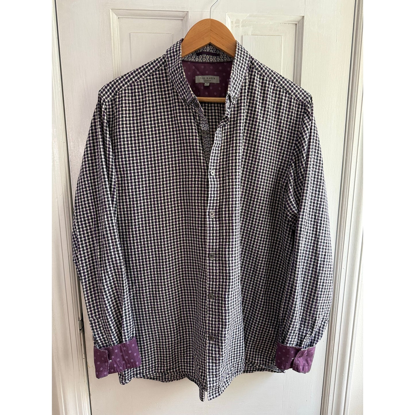 Ted Baker Size 5 Gingham Purple Long Sleeve Button Down