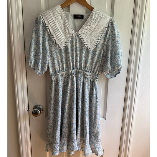 Maje Kara Blue Floral Mini Dress Size 2 Crochet Lace Sailor Collar Smocked Waist EUC