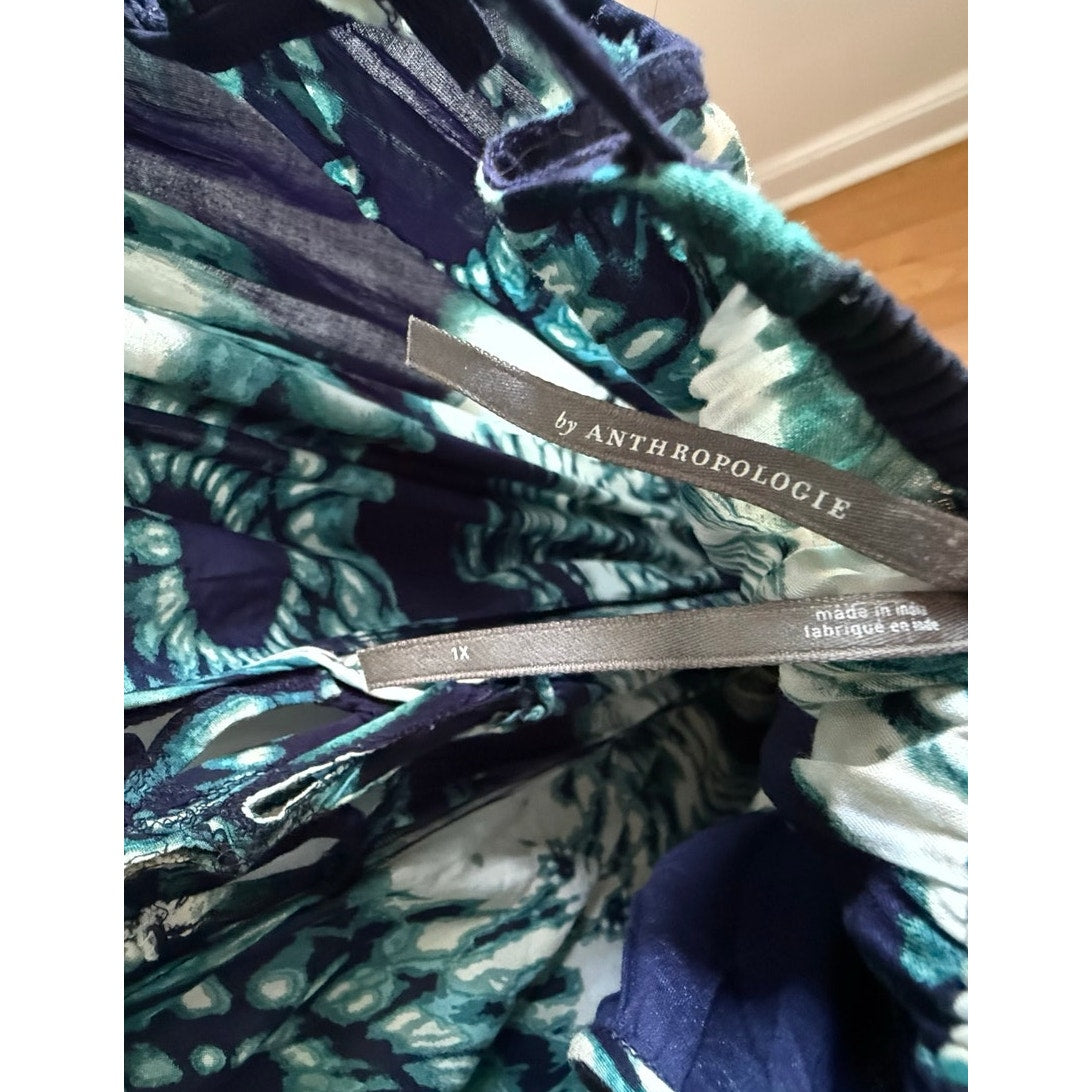 Anthropologie Dolan Eliska Maxi Dress XL Blue Green Abstract Tie Dye Strappy EUC